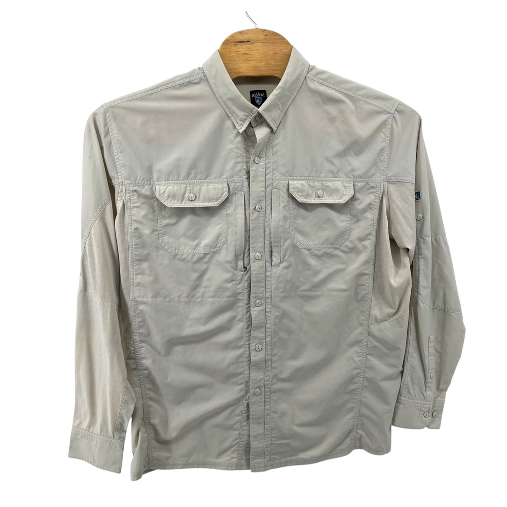 KUHL Airspeed Men XL Stone Long Sleeve Technical Hiking Shirt Vented Mesh Khaki